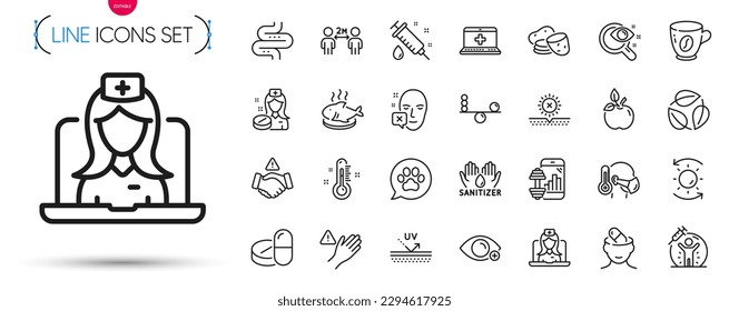 Ensayo del paquete de visión, tratamiento de depresión e iconos sin línea solar. Incluya la visión, la papa, los íconos del pictograma de medicamentos médicos. Termómetro, enfermo, signos de ayuda médica. Telemedicina. Vector