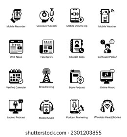 Pack of Voiceover and Podcast Glyph Icons 

