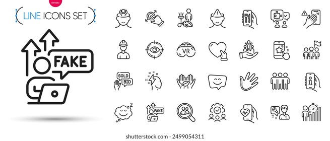 Pack of Vr, Inclusion and Foreman line icons. Include Bid offer, Smile face, Fair trade pictogram icons. Repairman, Search employees, Puzzle signs. Dont touch, Cleaning, Teamwork. Vector