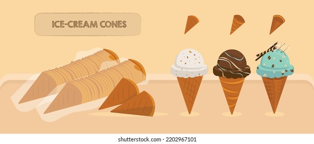 Pack of waffle Ice-Cream cones with vanilla, lemon zest, chocolate marble, and moose track flavoured Soft Cream decorated with chocolate pieces and sticks