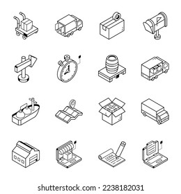 Pack of Warehouse and Cargo Isometric Line Icons

