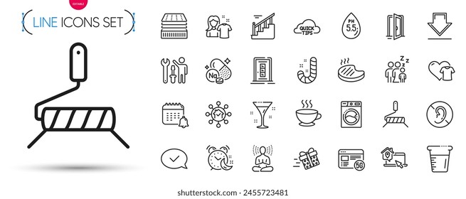 Pack of Washing machine, 5g internet and Grilled steak line icons. Include Sodium mineral, Stairs, Paint roller pictogram icons. Alarm, Open door, Sleep signs. Present delivery. Vector