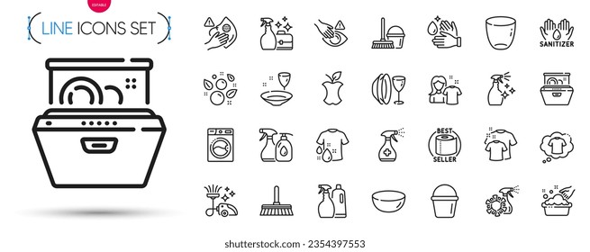 Pack of Washing machine, Dishwasher and Glass line icons. Include Wash t-shirt, Wash hands, Hand sanitizer pictogram icons. Bucket with mop, Hand washing, Dont touch signs. Toilet paper. Vector