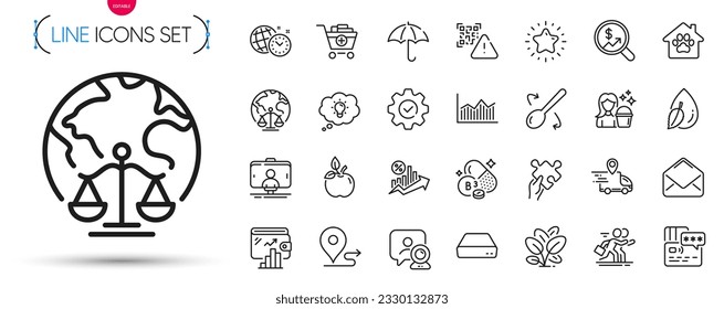 Paket mit Wassertropfen, Currency Audit und Video-Konferenzzeilen-Symbole. Einschließlich Energie, Gelddiagramm, Piktogramm-Symbole für das Zeitmanagement. Qr-Code, Regenschirm, Puzzle-Schilder. Wettbewerb. Vektorgrafik