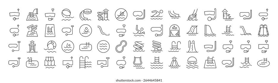 Pack of Water Park, Aquapark, Swimming Pool, Diving Related Line Icons. Outline Signs for Graphic and Web Design, Apps, Adverts, Various Cards 