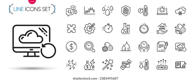 Pack of Waterproof, Settings gear and Magic wand line icons. Include Signing document, Manganese mineral, Refresh website pictogram icons. Snow weather, Puzzle, Rainy weather signs. Vector