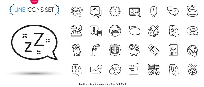 Pack of Weather forecast, Internet notification and Frying pan line icons. Include Info, Bitcoin coin, Help app pictogram icons. Gift, Lock, Approved signs. Stress, Search photo, Sleep. Vector