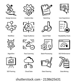 Pack of Web and Business Management Doodle Icons 

