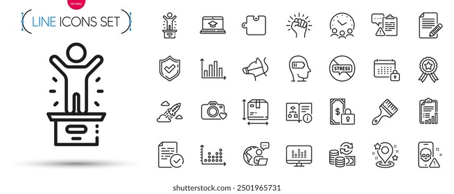 Pack of Website education, Dot plot and Diagram graph line icons. Include Meeting time, Puzzle, Pin pictogram icons. Clipboard, Checklist, Box size signs. Private payment. Vector