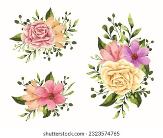 Pack of wedding blooming flower branch bouquet with rose, flax and green leaves in watercolor style