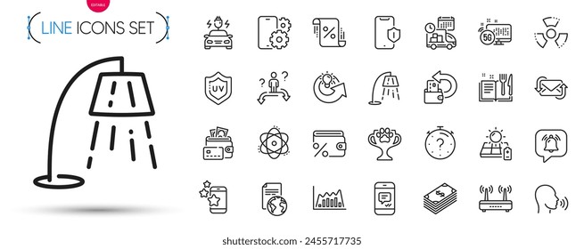 Pack of Wifi, Winner cup and Smartphone protection line icons. Include Delivery, Recipe book, Dollar pictogram icons. Chemical hazard, Money, 5g internet signs. Atom, Infographic graph. Vector