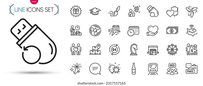 Paquete de energía eólica, botella de cerveza e iconos de línea de mensajes de texto. Incluya estrategia de marketing, memoria flash, iconos del pictograma voluntario. Ventilador de aire, gorra de graduación, carteles bancarios. Marketplace. Vector