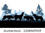 Pack of wolves in coniferous forest. Evening twilight. Silhouette picture. Wild animal in nature. Predator in natural conditions. Isolated on white background. Vector