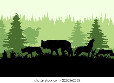 Pack of wolves at edge of coniferous forest in taiga. Silhouette picture. Wild animal in nature. Predator in natural conditions. Vector