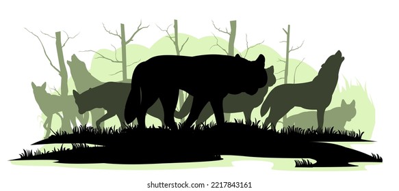 Pack of wolves in forest. Silhouette picture. Wild animal in nature. Predator in natural conditions. Isolated on white background. Vector