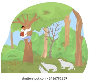 Pack of wolves or wild dogs attacking traveler in forest cartoon vector illustration. Scared man backpacker climbing tree trying to avoid of evil menacing animals