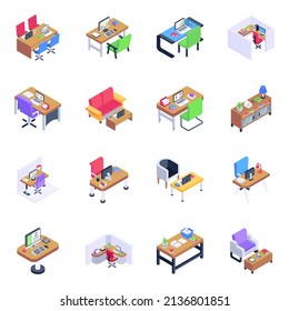 Paquete de iconos isométricos en el lugar de trabajo 

