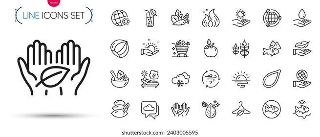 Pack of World weather, Eco energy and Vegetables line icons. Include Weather forecast, Pillow, Salad pictogram icons. Water care, Eco food, Lightweight signs. Vegetables cart. Vector