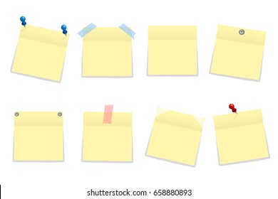 Pack of yellow office paper stickers with shadow isolated on white. Vector illustration