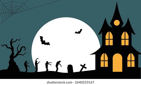 A Pack of Zombies Walking Towards a Scary Halloween House in Moonlight. Cultural and religious autumn season holiday vector art