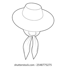 Packable sunhat Self-Tie Hat with scarf. Summer Head Fashion accessory cap with floppy wide brim clothing technical illustration. Vector headgear flat template CAD mockup sketch outline isolated