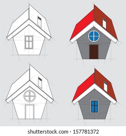 Package of 4 drawings house on a grey background