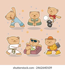 Package 6 Cute Active Bears doing anything he likes, from karate to chill-out