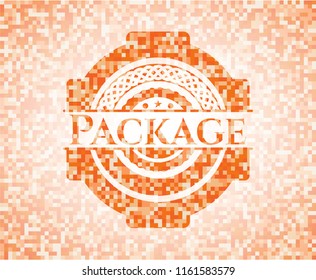 Package abstract emblem, orange mosaic background