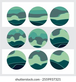 Package of abstract green gradient landscape circles and curved lines