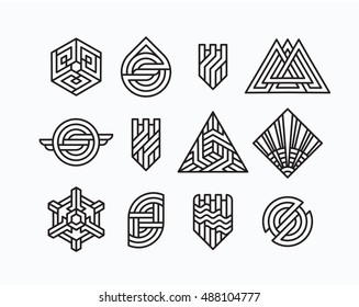 Package of abstract vector geometric symbols, line logotypes and design elements. 