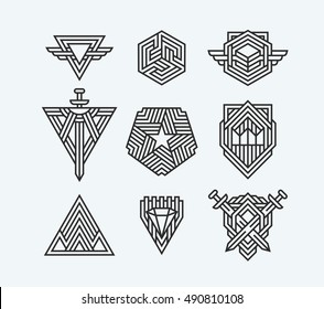 Package of abstract vector geometric symbols, line logotypes and design elements