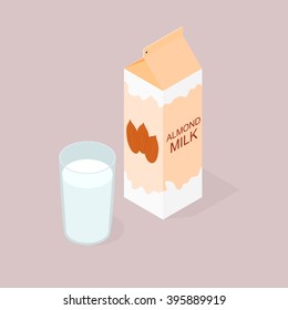 The package of almond milk. The isometry. Vegan and vegetarian food. Natural product. The benefits of nuts. Milkshake in a glass. Vector illustration.