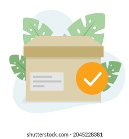 Modelo aprobado, caja de cartón diseño plano ilustración vectorial, caja, con marca de verificación naranja, decorado con hojas verdes.