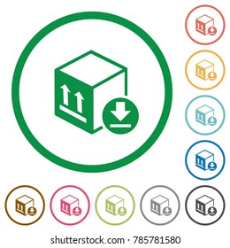 Package arrival flat color icons in round outlines on white background