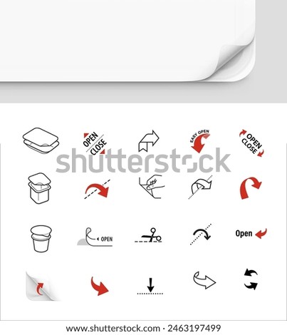 Package arrows icons set for open or closed pots, tubs , trays. Vector illustration isolated. Set for package, shows the place of opening. EPS10.	