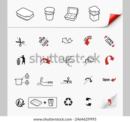 Package arrows icons set for open or closed pots, tubs , trays. Vector illustration isolated. Set for package, shows the place of opening. EPS10.