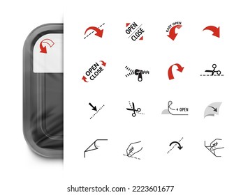 Package arrows icons set. Vector illustration isolated. Set for packs, shows the place of opening. EPS10.	