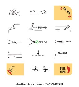 Package arrows icons set. Vector illustration isolated. Set for packs, shows the place of opening. EPS10.	