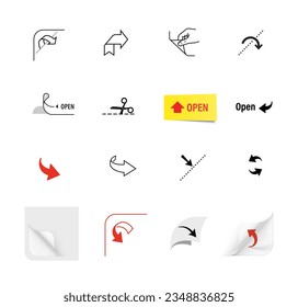 Package arrows icons set. Vector illustration isolated. Set for packs, shows the place of opening. EPS10.	