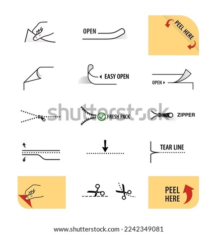 Package arrows icons set. Vector illustration isolated. Set for packs, shows the place of opening. EPS10.	