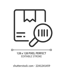 Package barcode tracking pixel perfect linear icon. Product information. Goods id. Search for order. Thin line illustration. Contour symbol. Vector outline drawing. Editable stroke. Arial font used