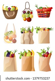 Package and basket with fresh, eco vegetables and fruits