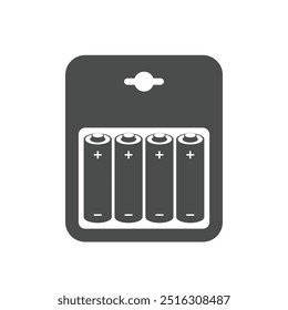 Icono de las baterías del paquete en el fondo blanco. Conjunto de baterías alcalinas en blanco y negro. Plantilla de embalaje de acumuladores. Embalaje de acumuladores metálicos.