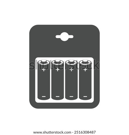 Package batteries icon on white background. Black and white alkaline batteries set. Accumulators packaging template. Packing metallic accumulators.
