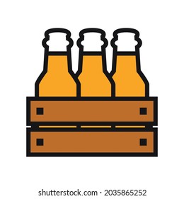 A package of beer. Glass bottles with alcoholic intoxicating drink. Cardboard or wooden packaging for bottles. Vector illustration isolated on a white background for design and web.