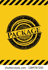 Package black grunge emblem inside yellow warning sign. Vector Illustration. Detailed.