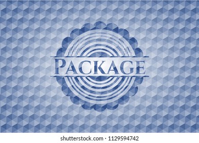 Package blue emblem with geometric background.