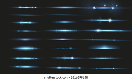 Package Blue horizontal lenses, glare, laser beams, glare, light rays, glowing stripes on a dark background, abstract glowing background.