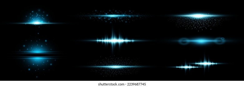 Package Blue horizontal lenses, glare, laser beams, glare, light rays, glowing stripes on a dark background, abstract glowing background.