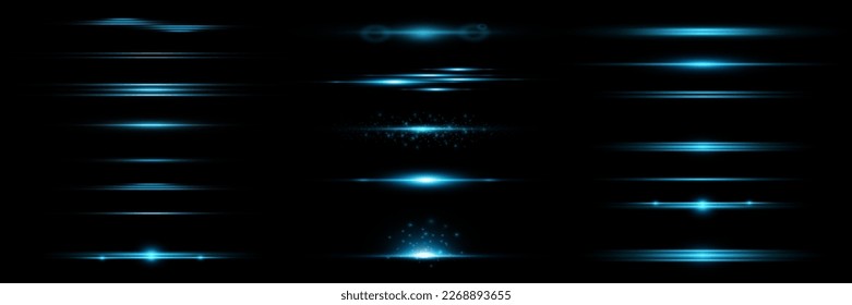Package Blue horizontal lenses, glare, laser beams, glare, light rays, glowing stripes on a dark background, abstract glowing background